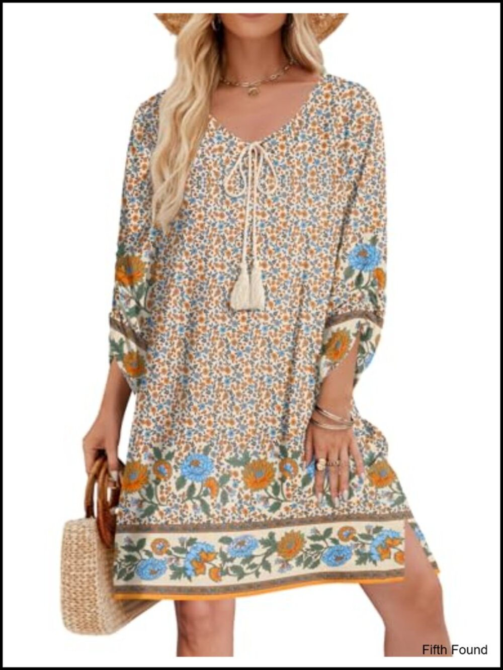 Zeagoo Womens Rayon Boho Floral Tunic Dress 3/4 Sleeve Knee-Length